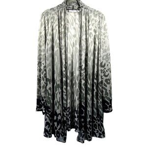 Susan Graver Womens Cardigan L Black Gray Sheer Stretch Animal Print Long Sleeve
